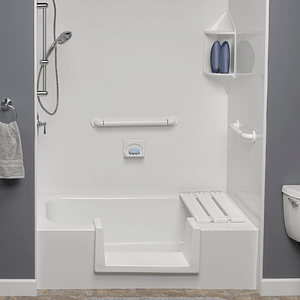 White Low Threshold Shower Bathtub with Seat & White Acrylic Walls Accessibility